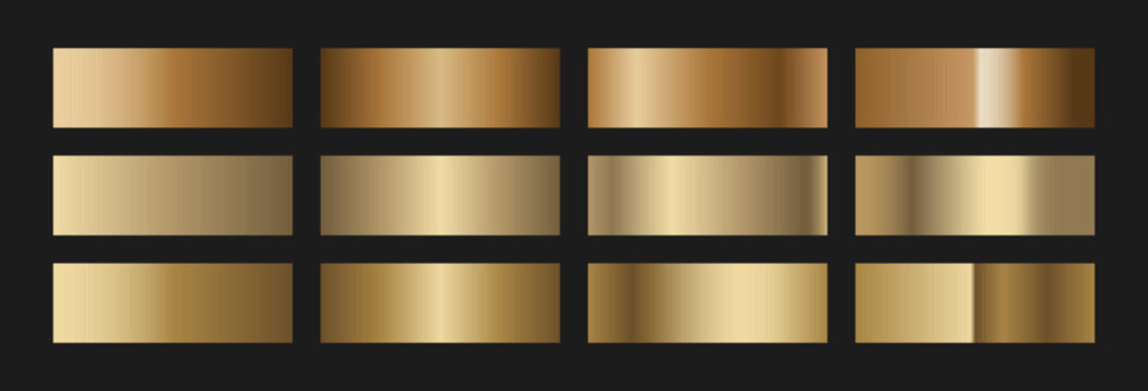 Elegant aged gold gradient swatches collection. Metallic textures with polished foil shine and satin smooth. Antique palette for vintage and classic designs and branding
