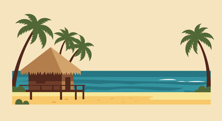 Obraz premium Tropical Beach Hut on Stilts Palm Trees Ocean Island Scene
