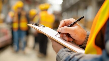 Worker filling checklist during safety inspection at construction site with crew in industrial background