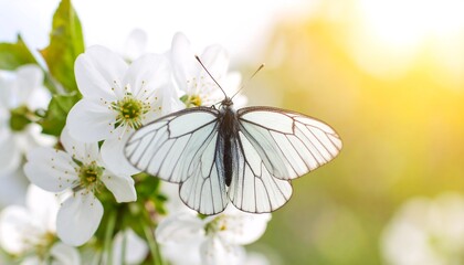 Delicate aporia crataegi resting gracefully on pristine white cherry blossoms bathed in sunlight