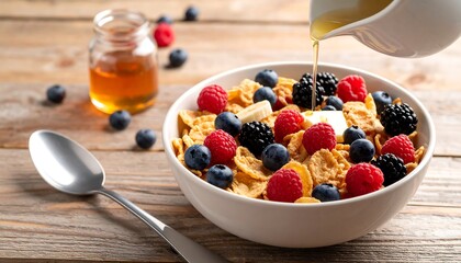 Delicious breakfast cereal with fresh berries and honey for a healthy start