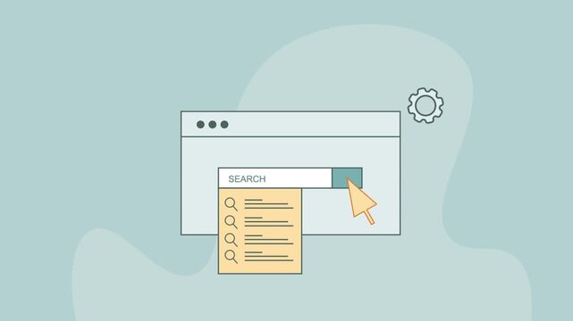 Cursor clicks on browser search bar, relevant search engine contextual results display. Internet search technology.