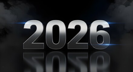 Cinematic 3D illustration of the year 2026 in metallic silver text with dramatic smoke and light flare effects on a dark reflective background.