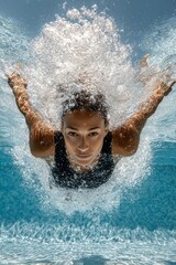 Diver performing an elegant springboard dive into a sparkling blue swimming pool water