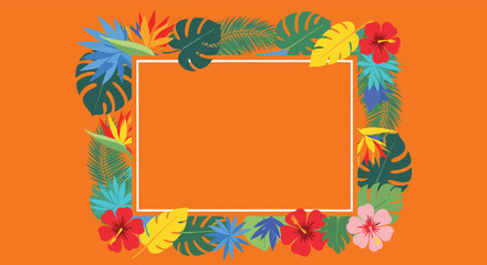 Vibrant Tropical Frame with Exotic Flowers and Leaves