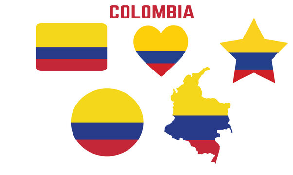 colombia flag set and map. colombia flag in official colors and proportions. independence day 20 july, map, circle, heart, rectangle and star shaped colombia