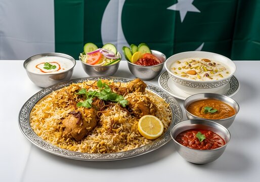 Savor authentic Pakistani chicken biryani with vibrant side dishes, a culinary delight celebrating flavor and tradition.