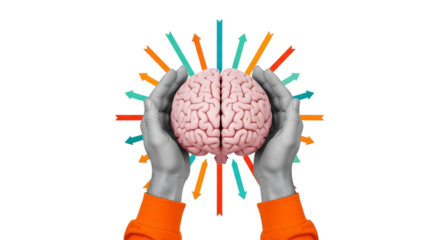 Hands holding brain with colorful rays isolated on transparent background