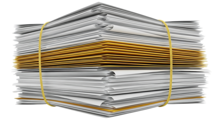 Tall stack of paper documents bound by rubber bands isolated on transparent background