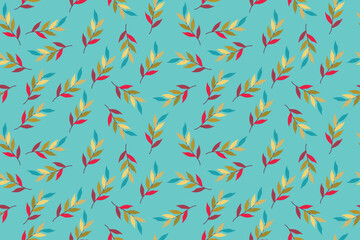 Red and yellow leaves on turquoise background form a vibrant seamless botanical pattern for décor