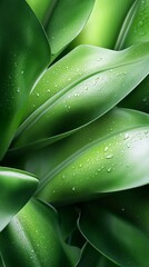 Bright green banana leaves covered in dew, crisp details and gentle light, perfect for spa, wellness, or healthy lifestyle backgrounds.