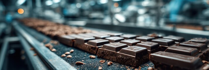Freshly made chocolate bars moving along a conveyor belt in a factory during production hours