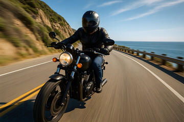 Fototapeta premium Motorcyclist Riding Along Coastal Highway on a Sunny Day