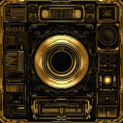 Futuristic golden digital interface with intricate glowing data displays and central circular display