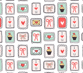 Seamless pattern with hand-drawn love-themed stamps: hearts, cupcakes, bows, and love messages. Vector illustration with bold outlines and pastel tones. Perfect for wrapping, cards, and textiles.