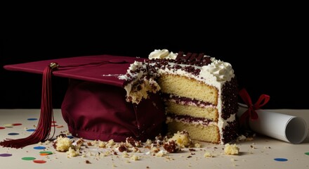 destroyed cake | A celebratory graduation cake with layers of cream and chocolate, partially eaten, accompanied by a maroon graduation cap and diploma on a festive table