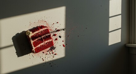 destroyed cake | A vibrant red velvet cake is splattered against a white wall, with sunlight casting shadows from a nearby window, creating an intriguing and artistic scene