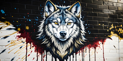 Obraz premium Urban graffiti, street art style with a wolf. Ideal for themes related to wildlife, freedom, strength and urban expression. Ideal for prints, backgrounds and creative projects with a rebellious 
