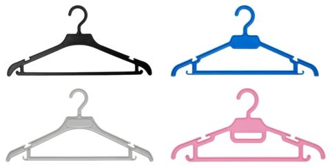 set of colorful plastic clothes hangers in black, blue, white, pink