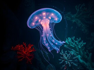 Mysterious glowing jellyfish-like sea creature in abyssal trench