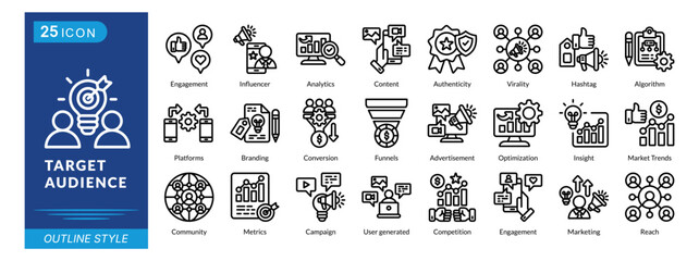 target audience icon set collection in outline style. an icon pack contain market trends, community, metrics, campaign, user generated, competition, marketing, reach, platforms