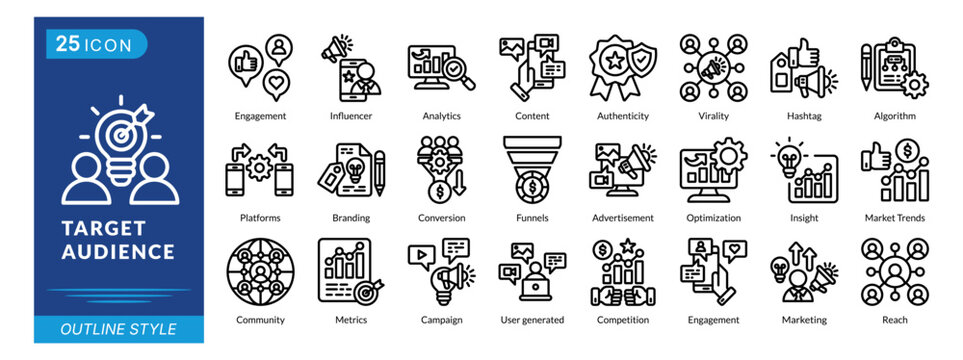 target audience icon set collection in outline style. an icon pack contain market trends, community, metrics, campaign, user generated, competition, marketing, reach, platforms