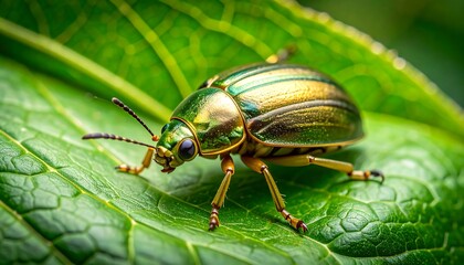 Naklejka premium Detailed Close-up of a Shiny Green Leaf Beetle Resting on a Green Leaf