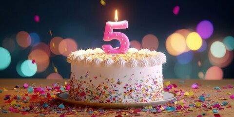 The joyful birthday cake with a glowing number five candle and colorful sprinkles.