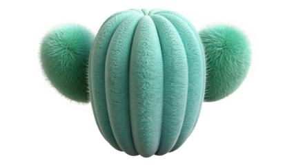 Fuzzy green cactus with three ribbed segments on black background