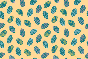 Teal leaves with pink accents over yellow, seamless botanical pattern with vibrant tropical tones