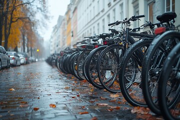 Rainy autumn day, bicycles parked along a cobblestone street, fallen leaves scattered on the wet pavement