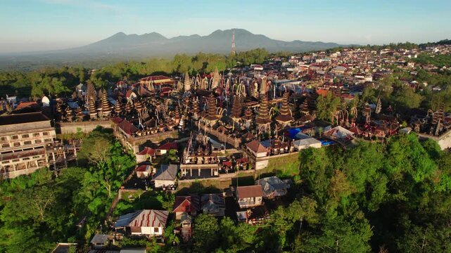 Aerial View of Balinese Village and Temple Complex near Mount Batur, Bali