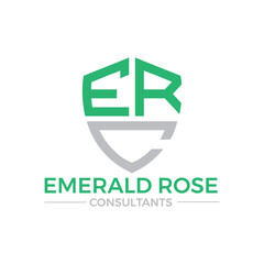 Modern Emerald Rose Consultants Logo:  Green and Gray Shield Design, Professional Branding.