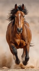 Wild stallion galloping across dusty terrain in golden sunlight capturing the essence of freedom and power