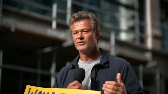 Labor protest speaker with determined expression and slogans