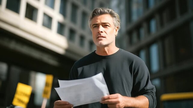 Labor protest speaker with powerful slogans in urban setting