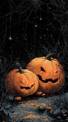 Two carved pumpkins sitting in a dark garden surrounded by spider webs and stars on a Halloween night