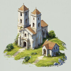 Fototapeta premium Historic stone church with bell towers and small house isolated on transparent background