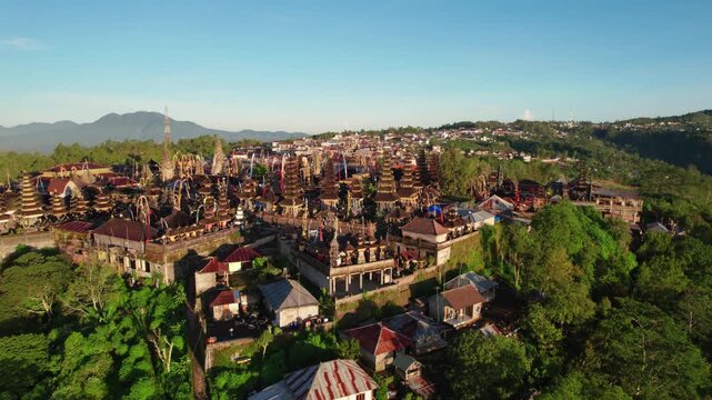 Aerial View of Balinese Village and Temple Complex near Mount Batur, Bali