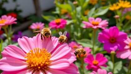 Obraz premium Close-Up of Bees Pollinating Vibrant Pink Flowers in a Colorful Garden Scene with Natural Light and Soft Focus Background