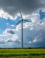 Obraz premium Wind Turbine Against Dramatic Cloudy Sky Over Lush Green Field in Rural Landscape Emphasizing Renewable Energy and Nature's Beauty