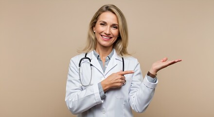 Happy mature female doctor in a white coat pointing her finger to the side at copy space, presenting a concept or product