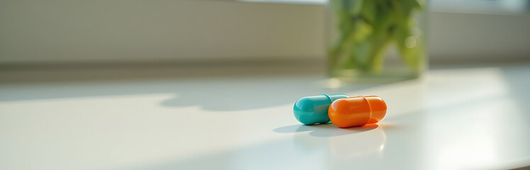 teal pill lies next orange one pristine glass surface backlit soft morning sunlight streaming nearby