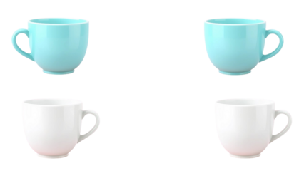 Vier elegante, schlichte Tassen, isoliert auf transparentem Hintergrund. Das Set beinhaltet zwei türkisfarbene und zwei weiße Keramiktassen
