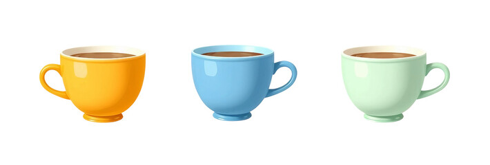 Drei farbenfrohe Tassen, gefüllt mit Kaffee oder Kakao, isoliert auf transparentem Hintergrund. Das Set umfasst eine gelbe, eine blaue und eine hellgrüne Tasse, jede mit sichtbarem Inhalt