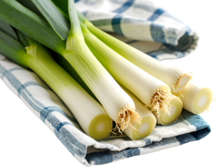 Fresh bunch of green scallions on a checkered tablecloth, close-up view, vibrant green leaves, white stalks, natural lighting, kitchen still life, healthy food, organic produce