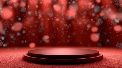 A red stage with a red backdrop and snow falling on it. The stage is empty. There is a red platform in the center of the stage