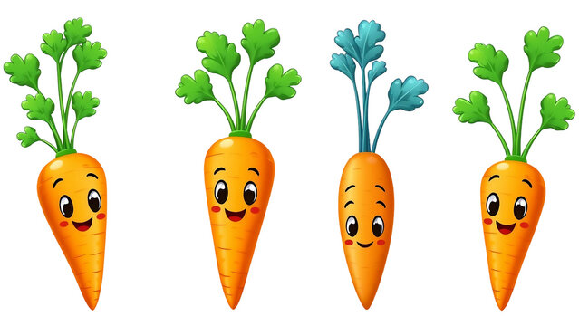 niedliche Karotten mit fr&ouml;hlichen Gesichtern im Cartoon-Stil &ndash; ideal f&uuml;r Kinderdesign, Ern&auml;hrung und Lernmaterialien.