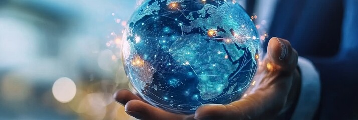Conceptual Illustration of a Human Figure Holding a Digital Globe Representing Global Connectivity