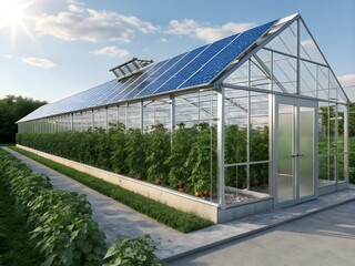 Obraz premium Modern Solar-Powered Vegetable Greenhouse for Sustainable Farming